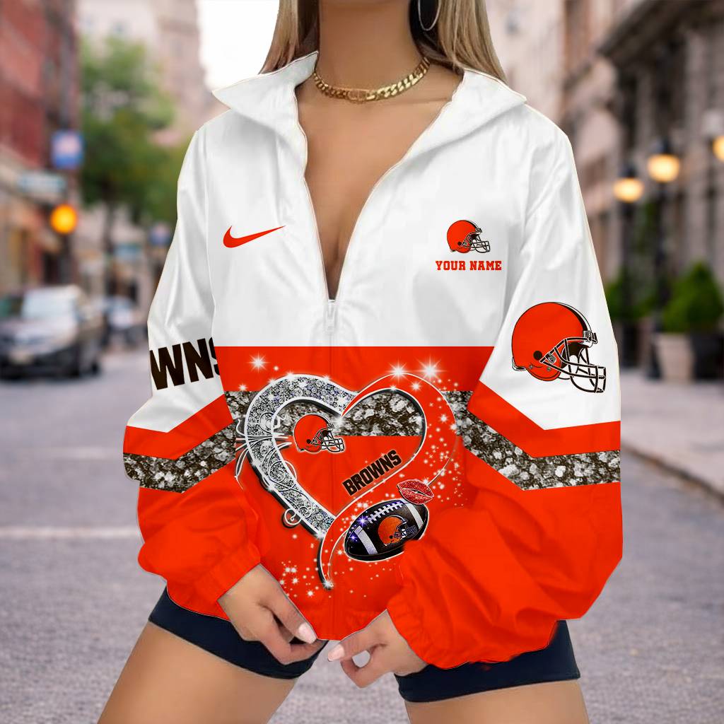 FINAL SALE - NEW CUSTOMIZED NFL29 CLB CLEVELAND BROWNS V-NECK ZIPPER SWEATSHIRT JACKET