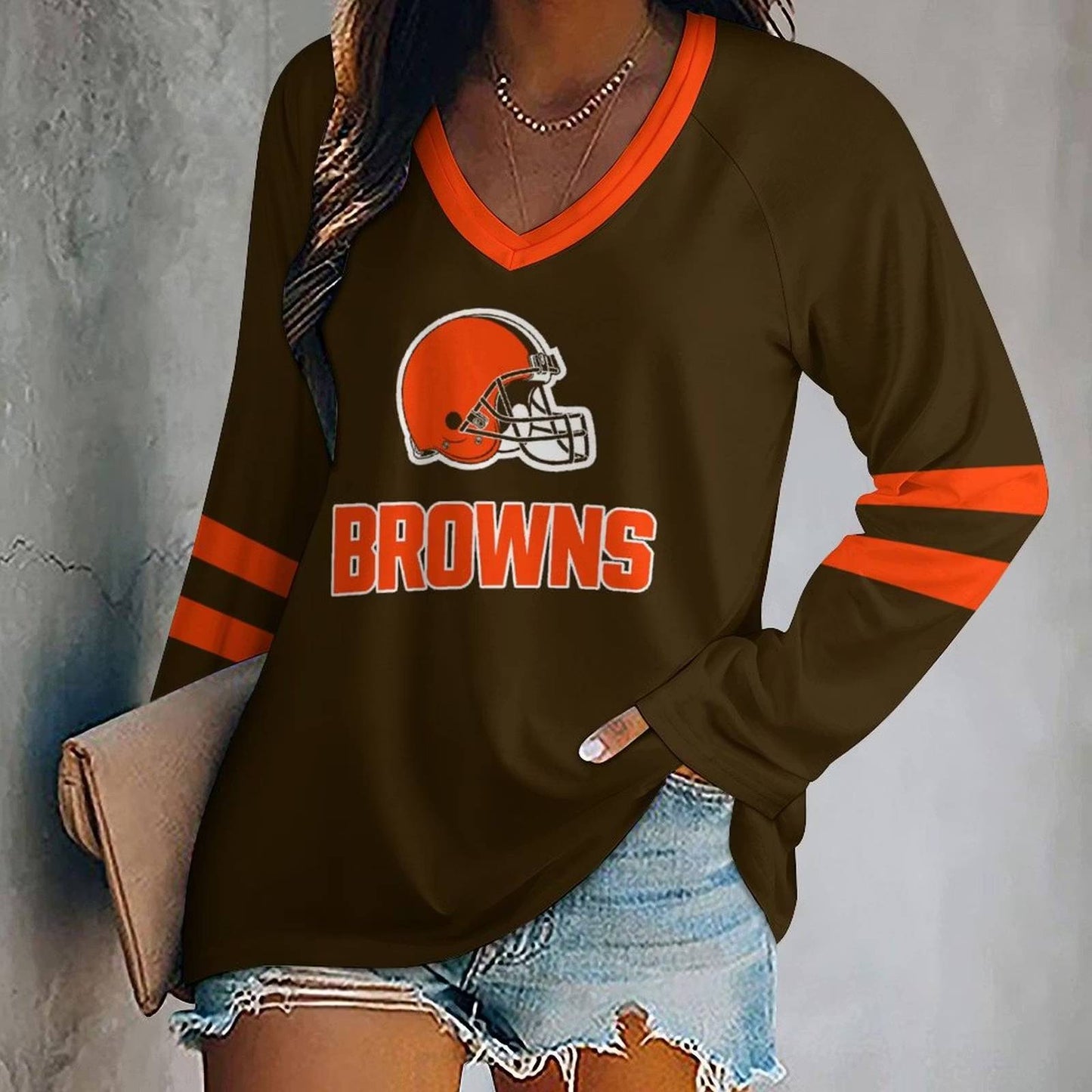 FLASH SALE - NEW CUSTOMIZED NFL29 CLB CLEVELAND BROWNS WOMEN'S V-NECK LONG SLEEVED SHIRT
