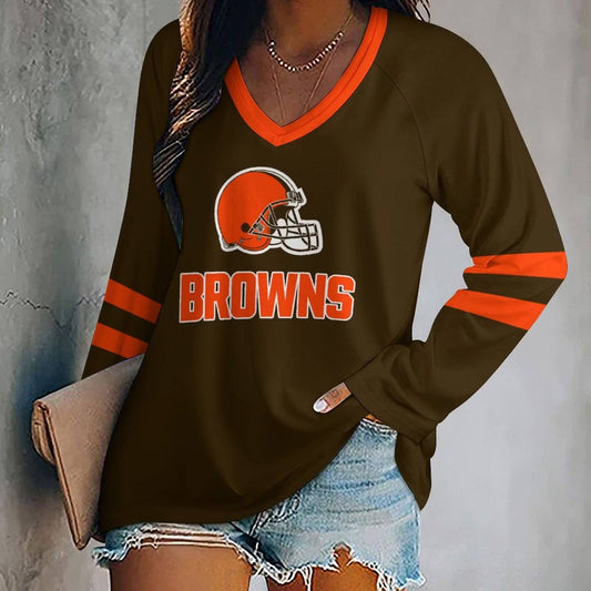 FLASH SALE - NEW CUSTOMIZED NFL29 CLB CLEVELAND BROWNS WOMEN'S V-NECK LONG SLEEVED SHIRT