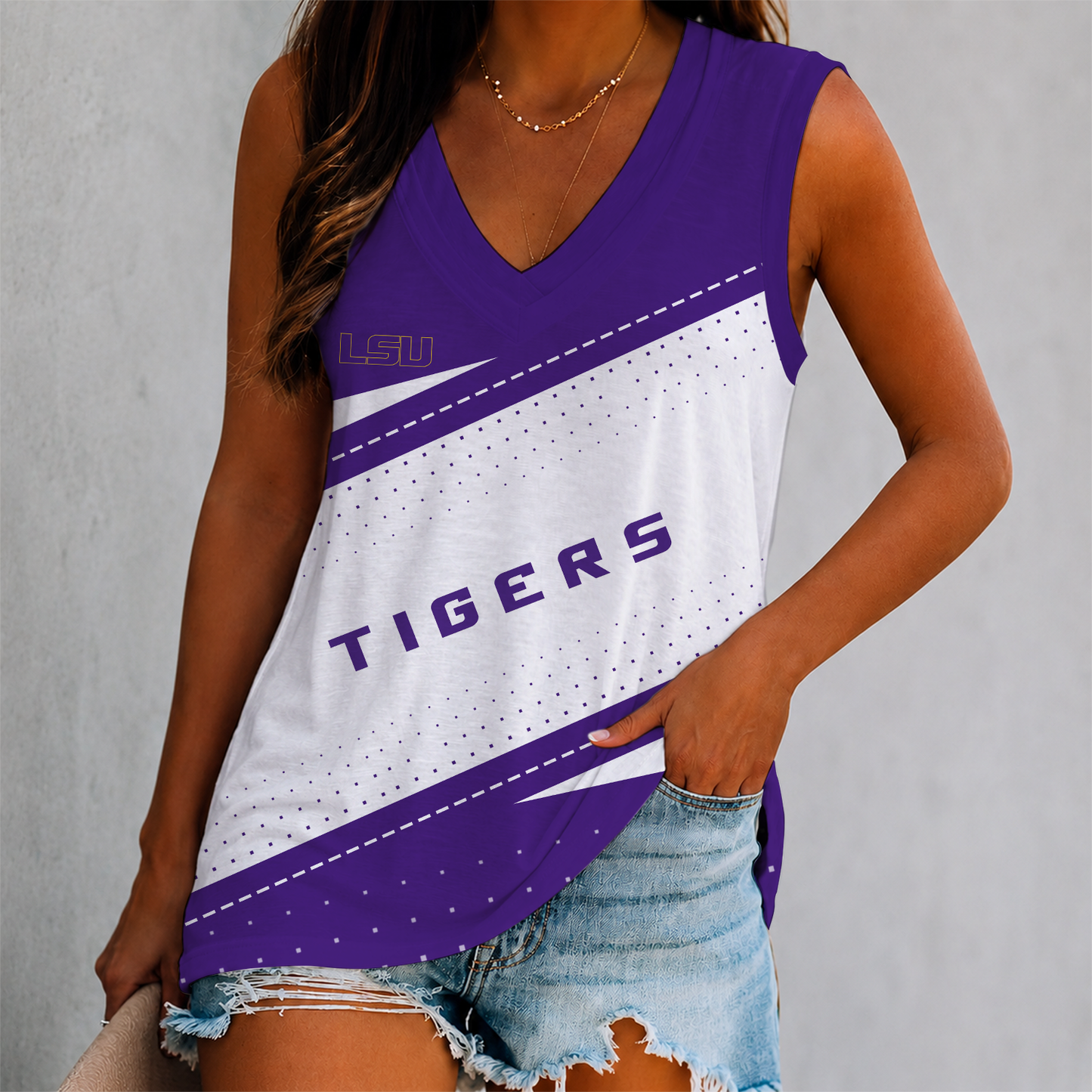 FINAL SALE - NEW CUSTOMIZED NCAA FBS29 LST LSU TIGERS WOMEN'S V-NECK TANK TOP