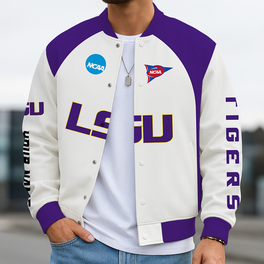 LIMITED DROP - NEW CUSTOMIZED NCAA FOOTBALL BOWL SUBDIVISION 29 LST LSU TIGERS BASEBALL JACKET, SATIN VARSITY JACKET