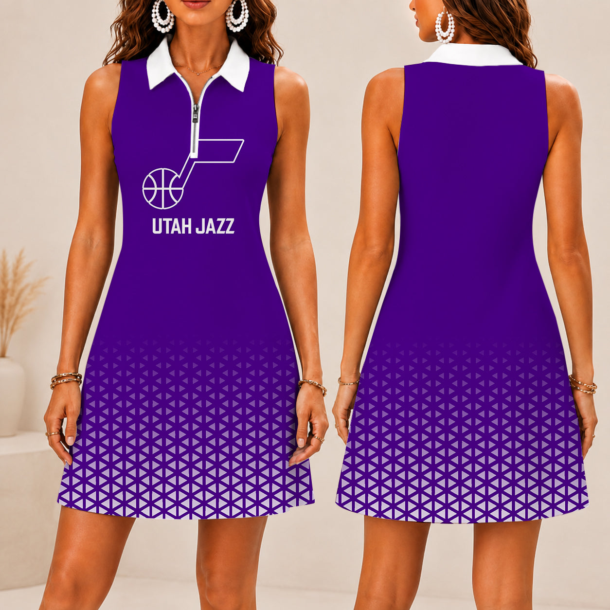 FINAL SALE - NEW CUSTOMIZED NBA29 UJZ UTAH JAZZ  WOMEN'S ZIP SLEEVELESS POLO DRESS