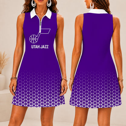 FINAL SALE - NEW CUSTOMIZED NBA29 UJZ UTAH JAZZ  WOMEN'S ZIP SLEEVELESS POLO DRESS