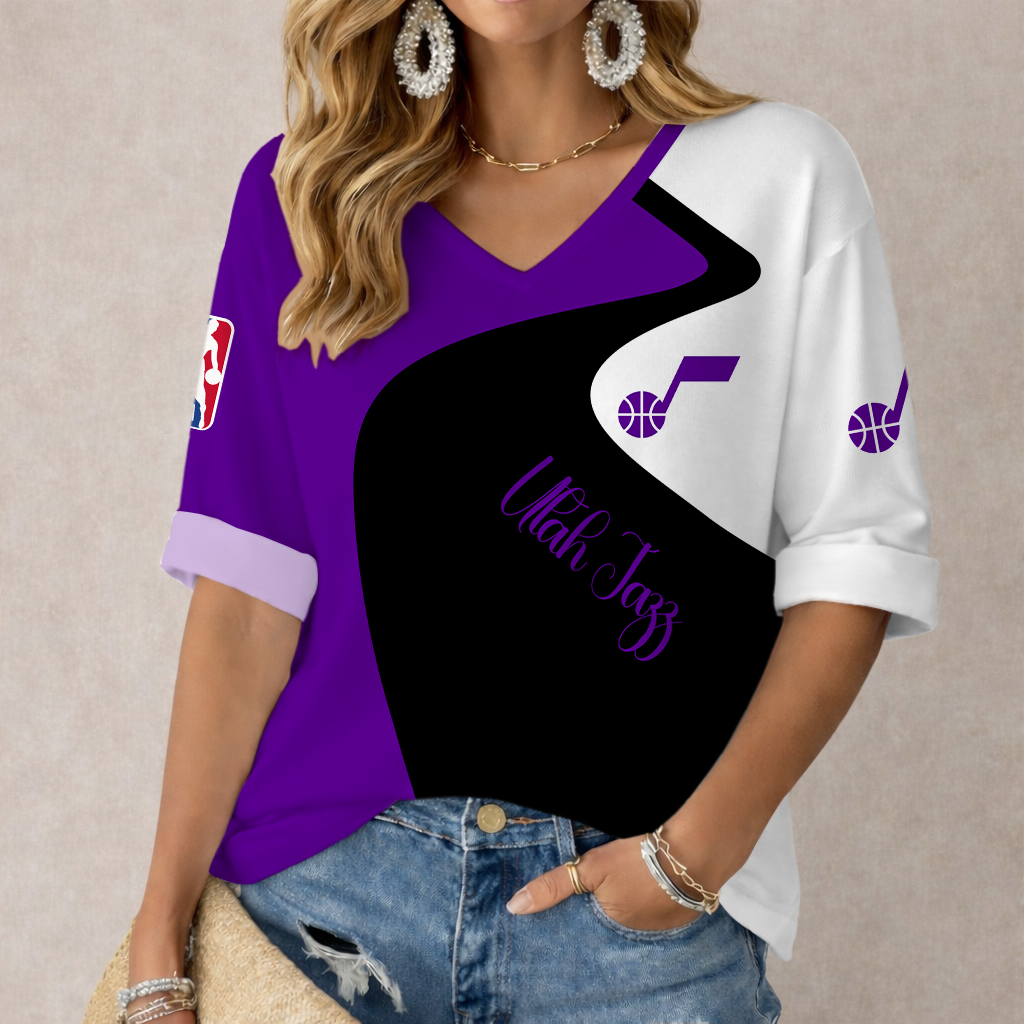 FINAL SALE - NEW CUSTOMIZED NBA29 UJZ UTAH JAZZ WOMEN'S V-NECK LONG SLEEVE SHIRT