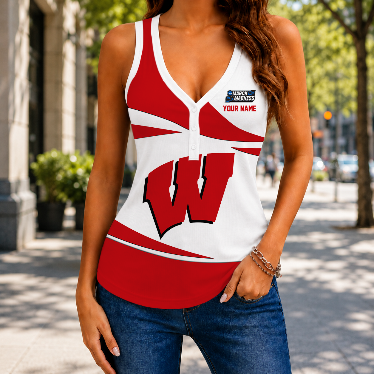 VIRAL EDITION - NEW CUSTOMIZED NCAA MAM29 WSB WISCONSIN BADGERS WOMEN'S V-NECK TANK TOP