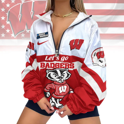 LIMITED EDITION - NEW CUSTOMIZED MAM NCAA29 WSB WS BADGERS V-NECK ZIPPER JACKET