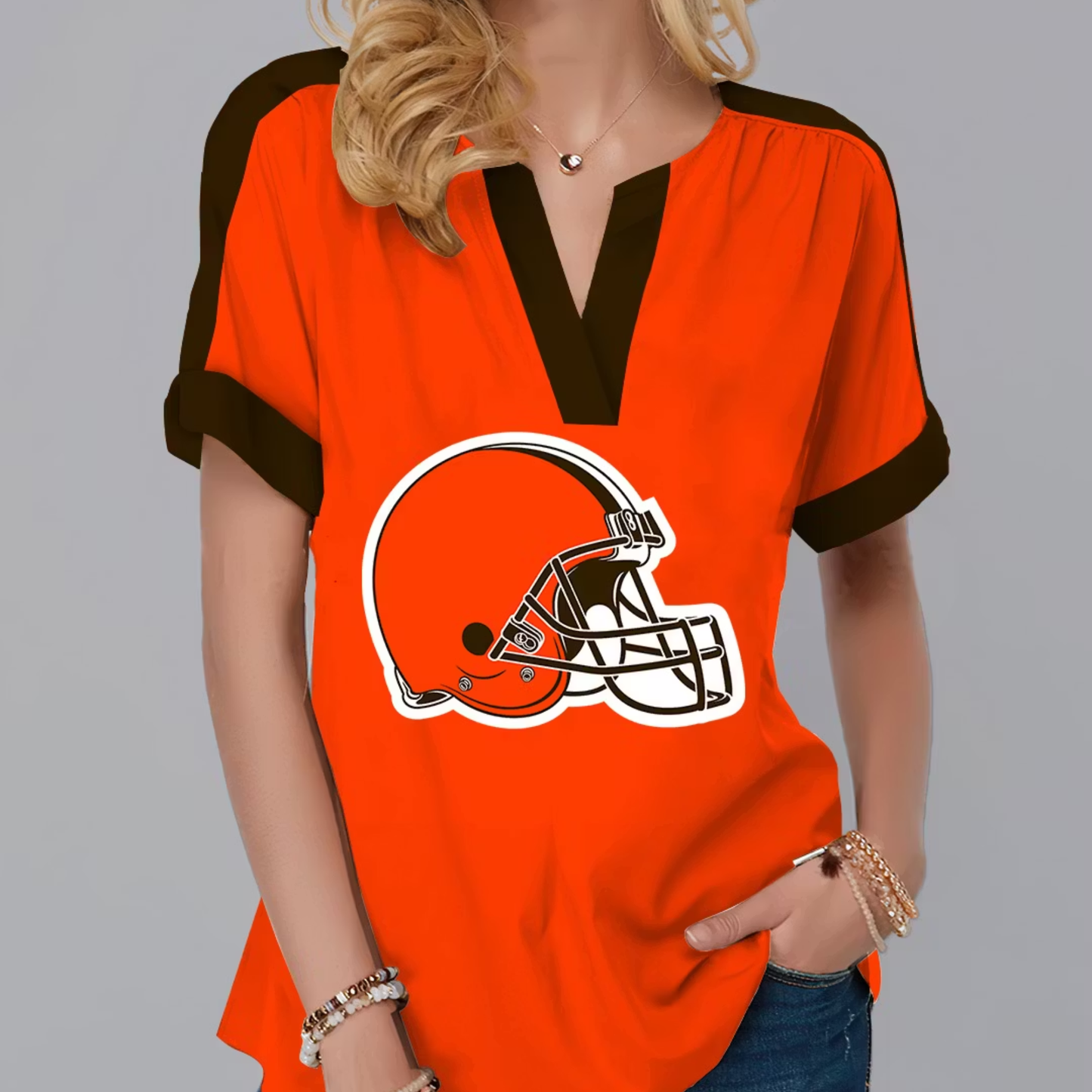 FINAL SALE - NEW CUSTOMIZED NFL29 CLB CLEVELAND BROWNS V-NECK FEMALE SHIRT