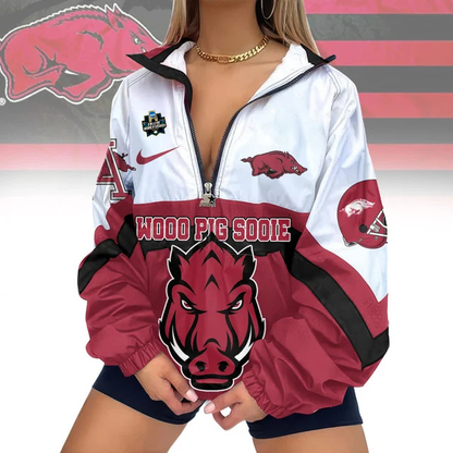 LIMITED EDITION - NEW CUSTOMIZED COLLEGE WORLD SERIES NCAA03 ARKANSAS RAZORBACKS V-NECK ZIPPER SWEATSHIRT JACKET