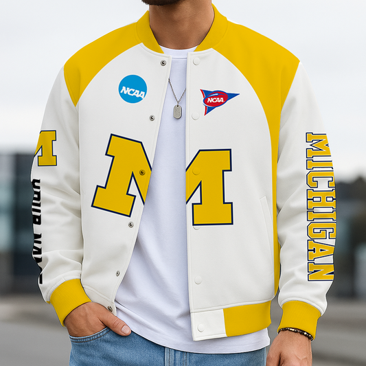 LIMITED DROP - NEW CUSTOMIZED NCAA FOOTBALL BOWL SUBDIVISION 03 MIW MICHIGAN WOLVERINES BASEBALL JACKET, SATIN VARSITY JACKET