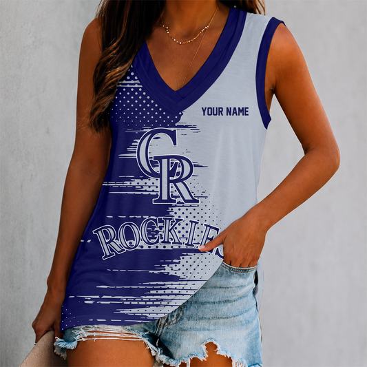 FINAL SALE - NEW CUSTOMIZED MLB30 COR COLORADO ROCKIES WOMEN'S V-NECK TANK TOP