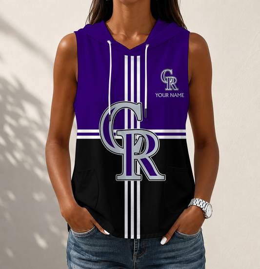 VIRAL EDITION - NEW CUSTOMIZED MLB30 COR COLORADO ROCKIES WOMEN'S SLEEVELESS HOODED POCKET TANK TOP