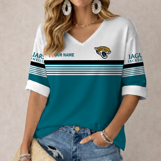 LIMITED EDITION - NEW CUSTOMIZED NFL30 JSJ JACKSONVILLE JAGUARS WOMEN'S HEART V-NECK LONG SLEEVE SHIRT