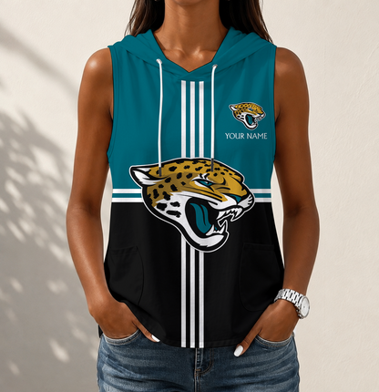 FINAL SALE - NEW CUSTOMIZED NFL30 JSJ JACKSONVILLE JAGUARS WOMEN'S SLEEVELESS HOODED POCKET TANK TOP