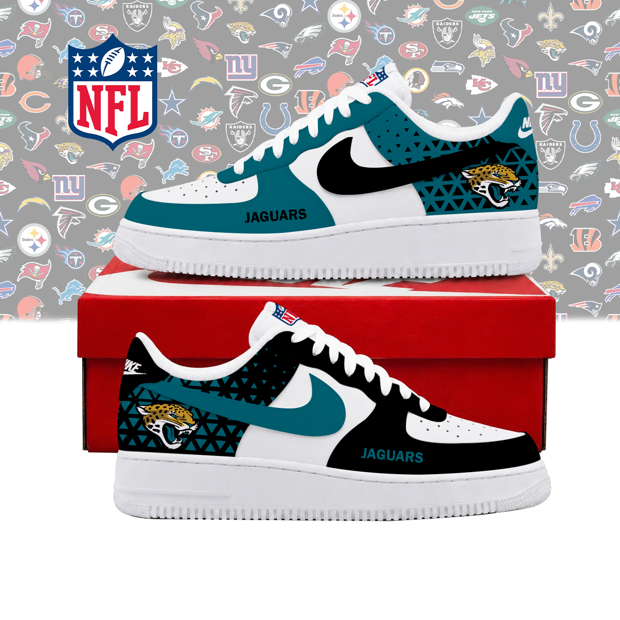 SPECIAL EDITION - NEW CUSTOMIZED NFL30 JSJ JACKSONVILLE JAGUARS AF1 SHOES