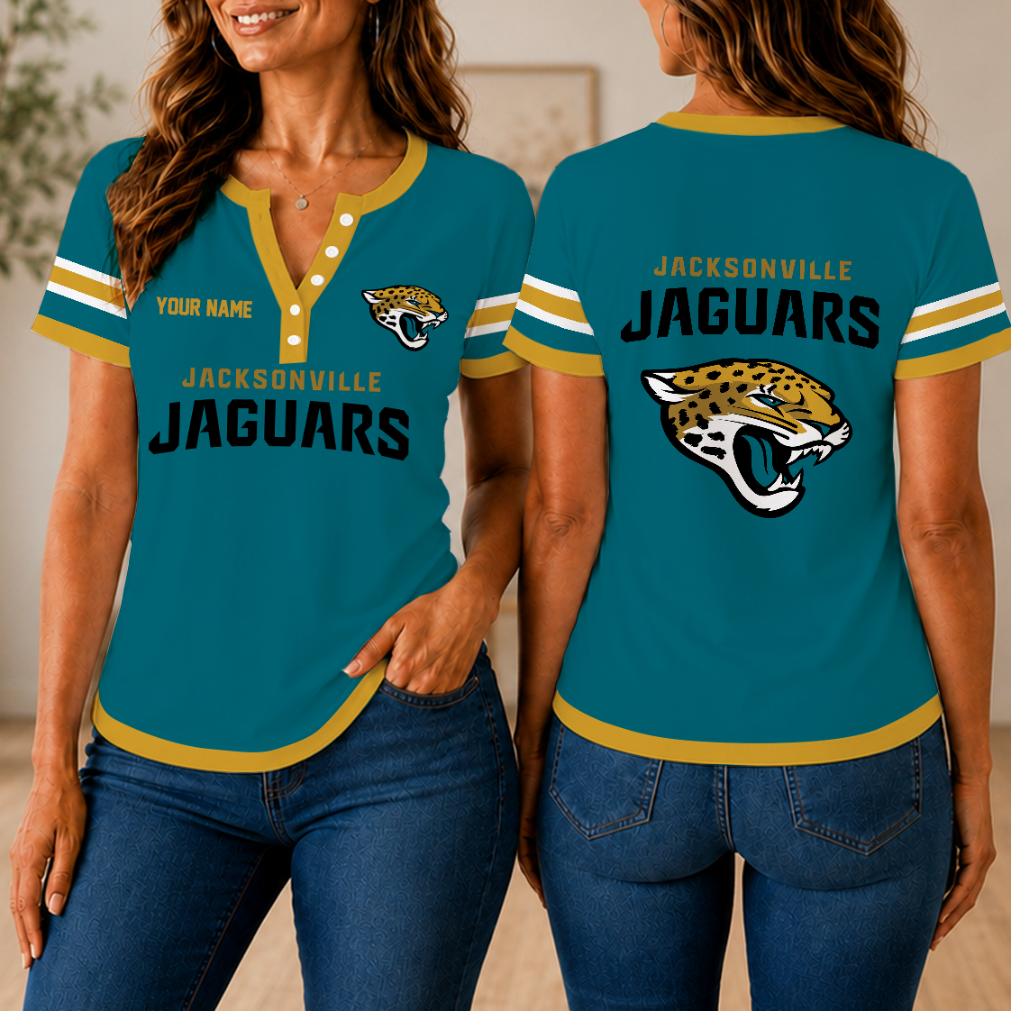 SPECIAL EDITION - NEW CUSTOMIZED NFL30 JSJ JACKSONVILLE JAGUARS WOMEN'S SHORT SLEEVE HENLEY T-SHIRT
