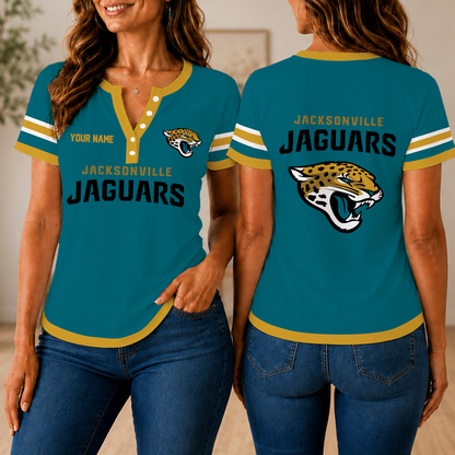 SPECIAL EDITION - NEW CUSTOMIZED NFL30 JSJ JACKSONVILLE JAGUARS WOMEN'S SHORT SLEEVE HENLEY T-SHIRT