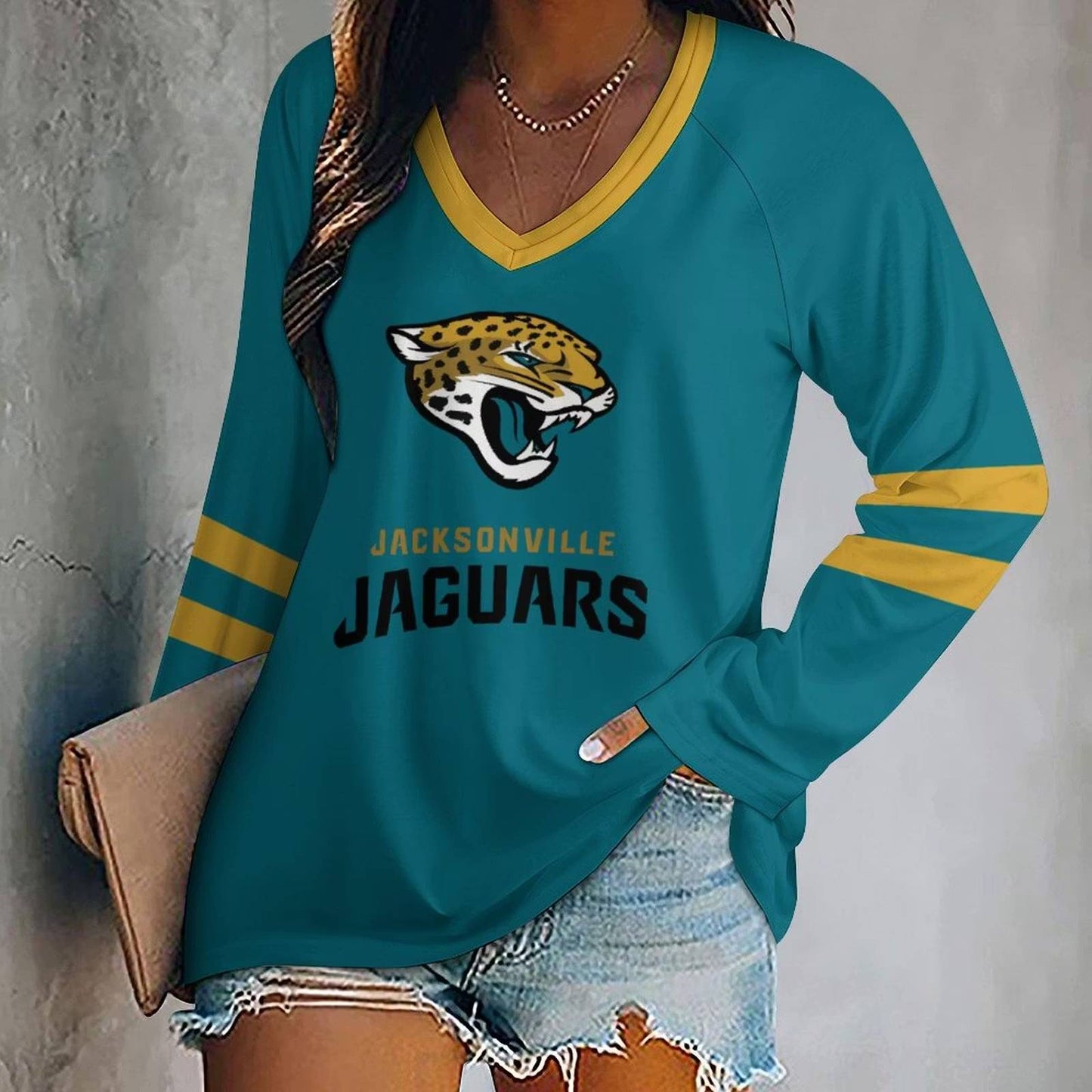 FLASH SALE - NEW CUSTOMIZED NFL30 JSJ JACKSONVILLE JAGUARS WOMEN'S V-NECK LONG SLEEVED SHIRT