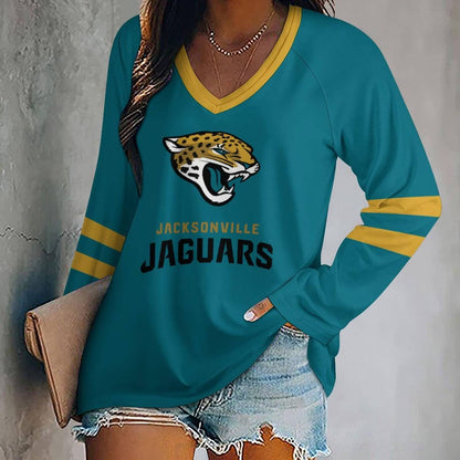 FLASH SALE - NEW CUSTOMIZED NFL30 JSJ JACKSONVILLE JAGUARS WOMEN'S V-NECK LONG SLEEVED SHIRT