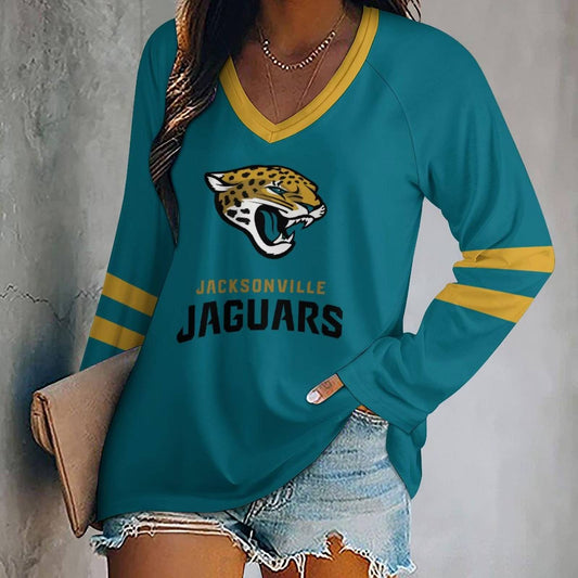 FLASH SALE - NEW CUSTOMIZED NFL30 JSJ JACKSONVILLE JAGUARS WOMEN'S V-NECK LONG SLEEVED SHIRT