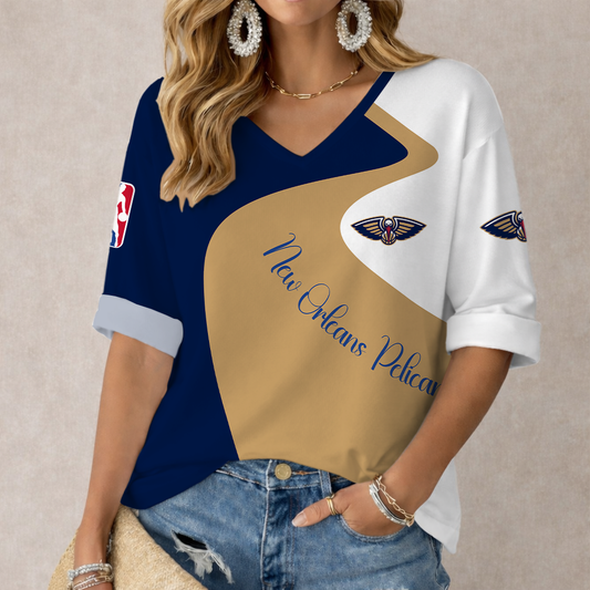 FINAL SALE - NEW CUSTOMIZED NBA30 NOP NEW ORLEANS PELICANS WOMEN'S V-NECK LONG SLEEVE SHIRT