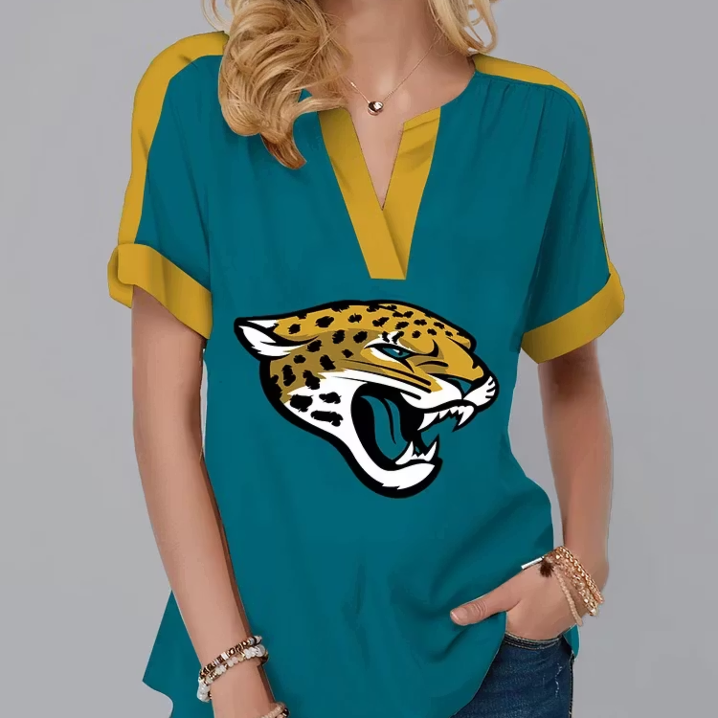 FINAL SALE - NEW CUSTOMIZED NFL30 JSJ JACKSONVILLE JAGUARS V-NECK FEMALE SHIRT