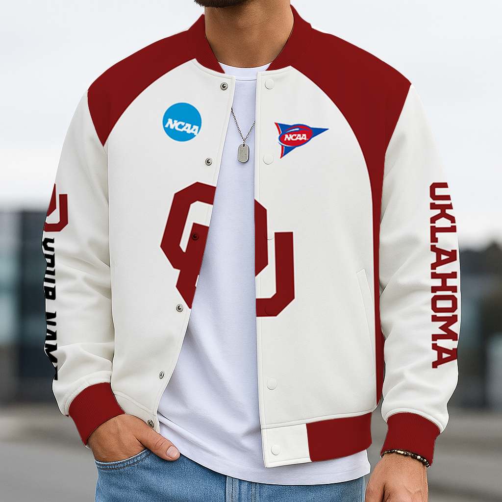 LIMITED DROP - NEW CUSTOMIZED NCAA FOOTBALL BOWL SUBDIVISION 31 OUS OKLAHOMA SOONERS BASEBALL JACKET, SATIN VARSITY JACKET
