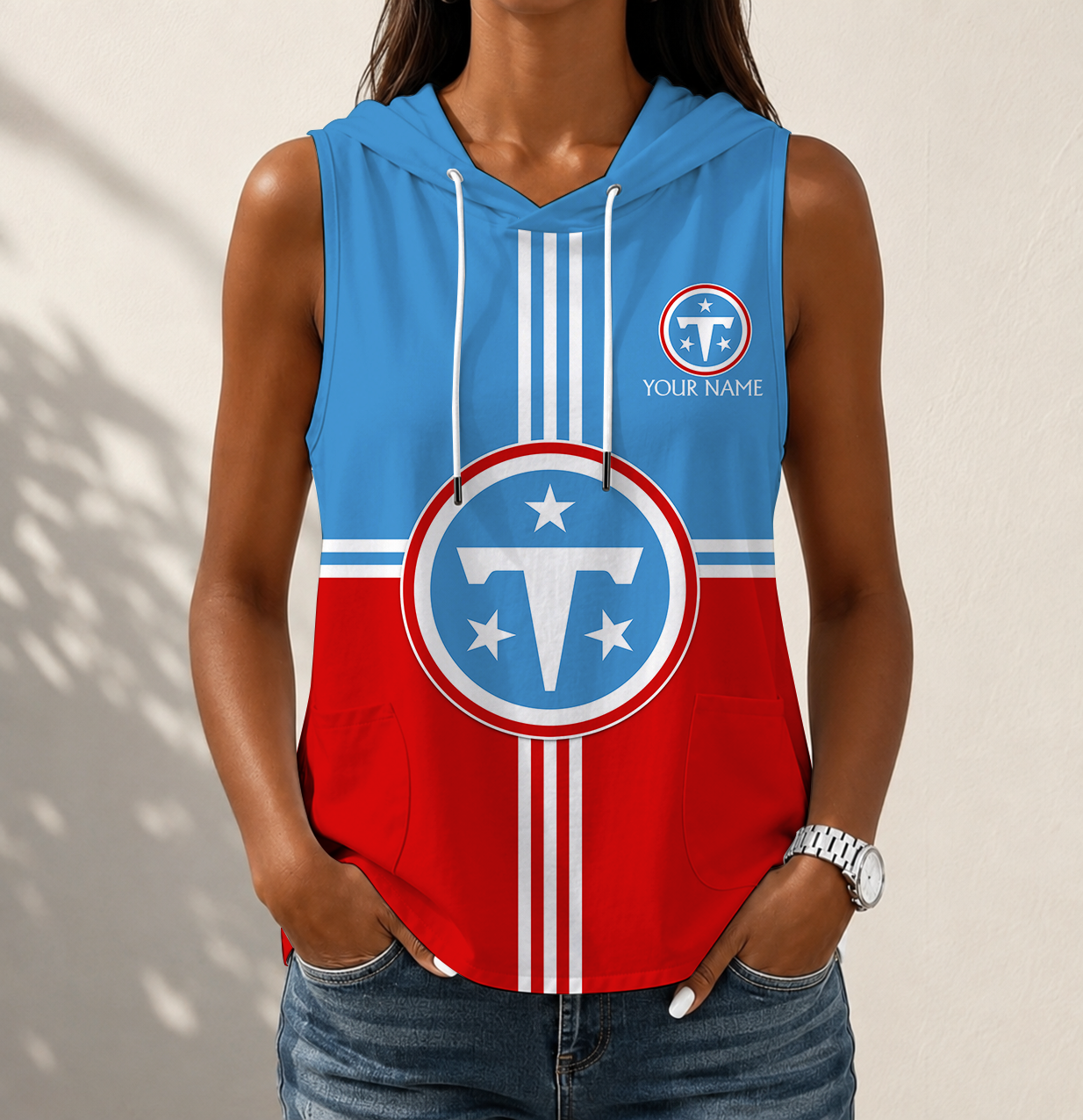 FINAL SALE - NEW CUSTOMIZED NFL31 TST TENNESSEE TITANS WOMEN'S SLEEVELESS HOODED POCKET TANK TOP