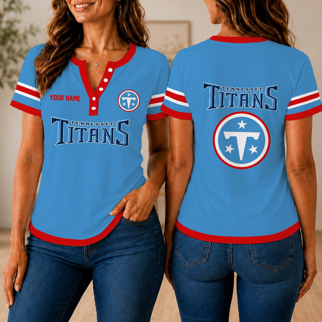 SPECIAL EDITION - NEW CUSTOMIZED NFL31 TST TENNESSEE TITANS WOMEN'S SHORT SLEEVE HENLEY T-SHIRT