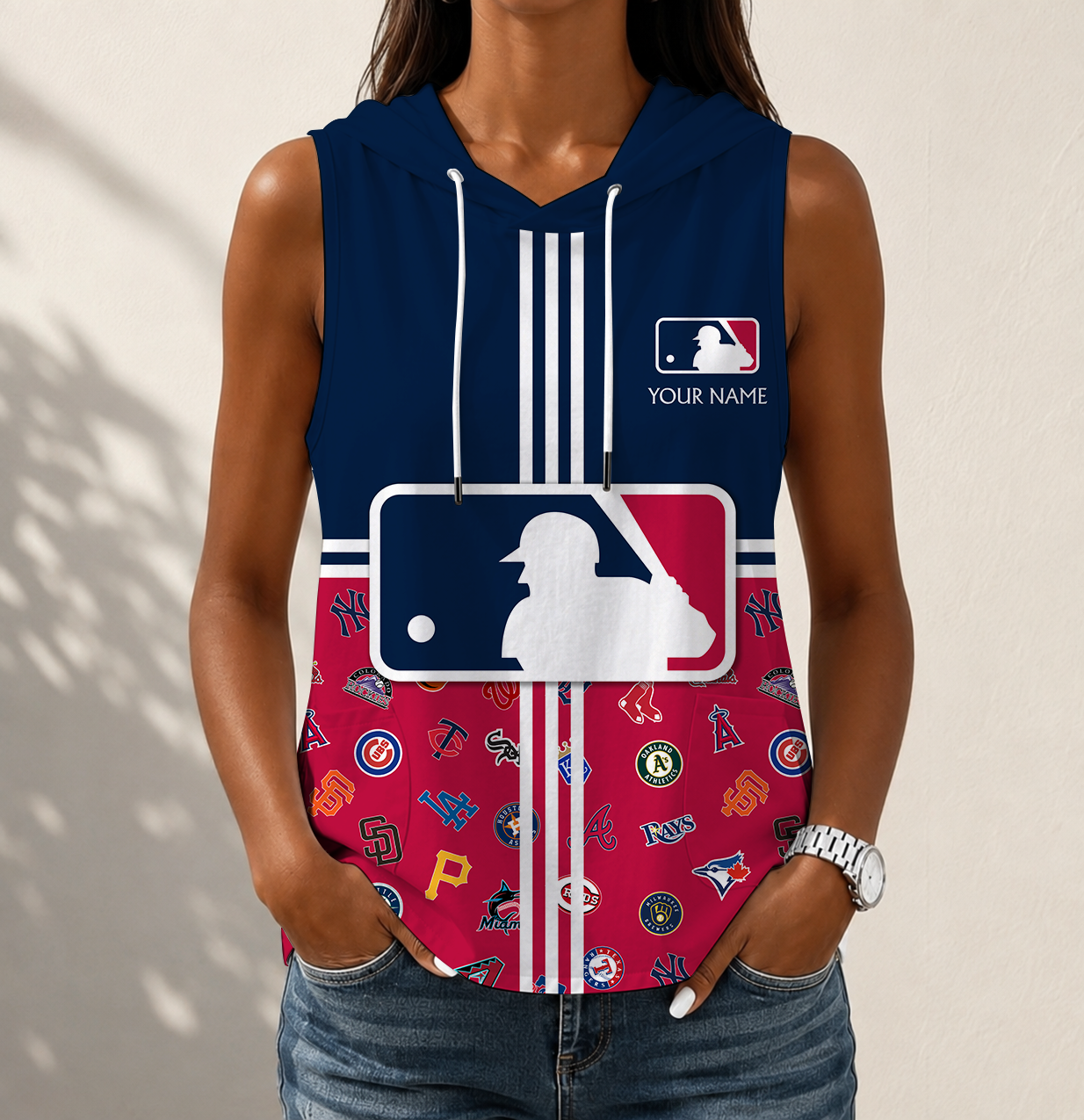 VIRAL EDITION - NEW CUSTOMIZED MLB32 BBA MLB ALL TEAMS WOMEN'S SLEEVELESS HOODED POCKET TANK TOP