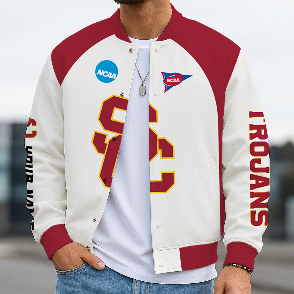 LIMITED DROP - NEW CUSTOMIZED NCAA FOOTBALL BOWL SUBDIVISION 32 USC USC TROJANS  BASEBALL JACKET, SATIN VARSITY JACKET