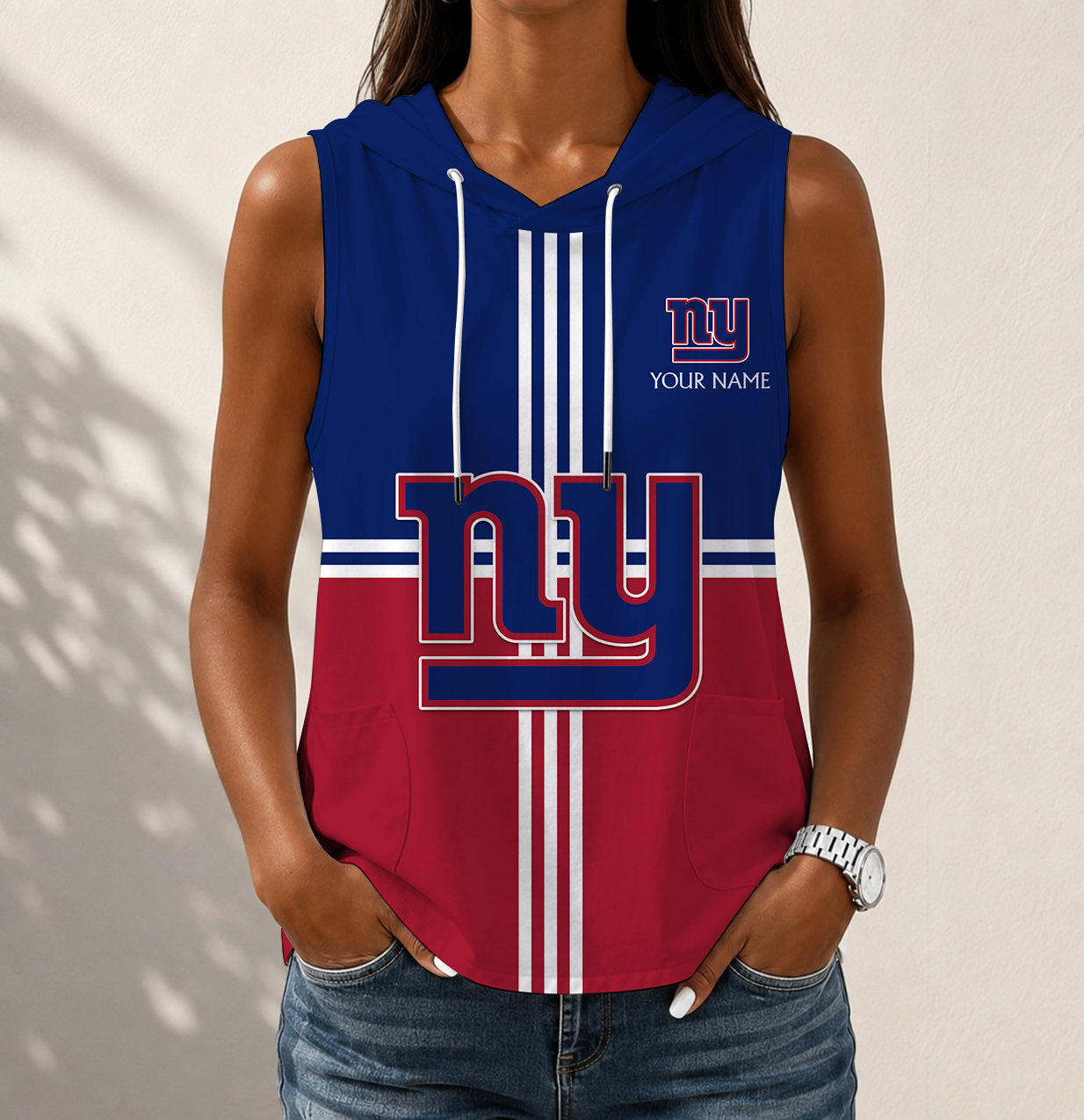 FINAL SALE - NEW CUSTOMIZED NFL32 NYG NEW YORK GIANTS WOMEN'S SLEEVELESS HOODED POCKET TANK TOP