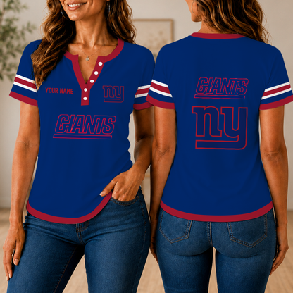 SPECIAL EDITION - NEW CUSTOMIZED NFL32 NYG NEW YORK GIANTS WOMEN'S SHORT SLEEVE HENLEY T-SHIRT