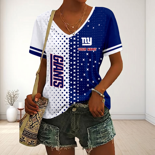 FINAL SALE - NEW CUSTOMIZED NFL32 NYG NEW YORK GIANTS V-NECK FEMALE SHIRT