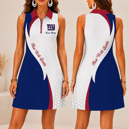 FINAL SALE - NEW CUSTOMIZED NFL32 NYG NEW YORK GIANTS WOMEN'S ZIP SLEEVELESS POLO DRESS