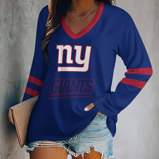 FLASH SALE - NEW CUSTOMIZED NFL32 NYG NEW YORK GIANTS WOMEN'S V-NECK LONG SLEEVED SHIRT