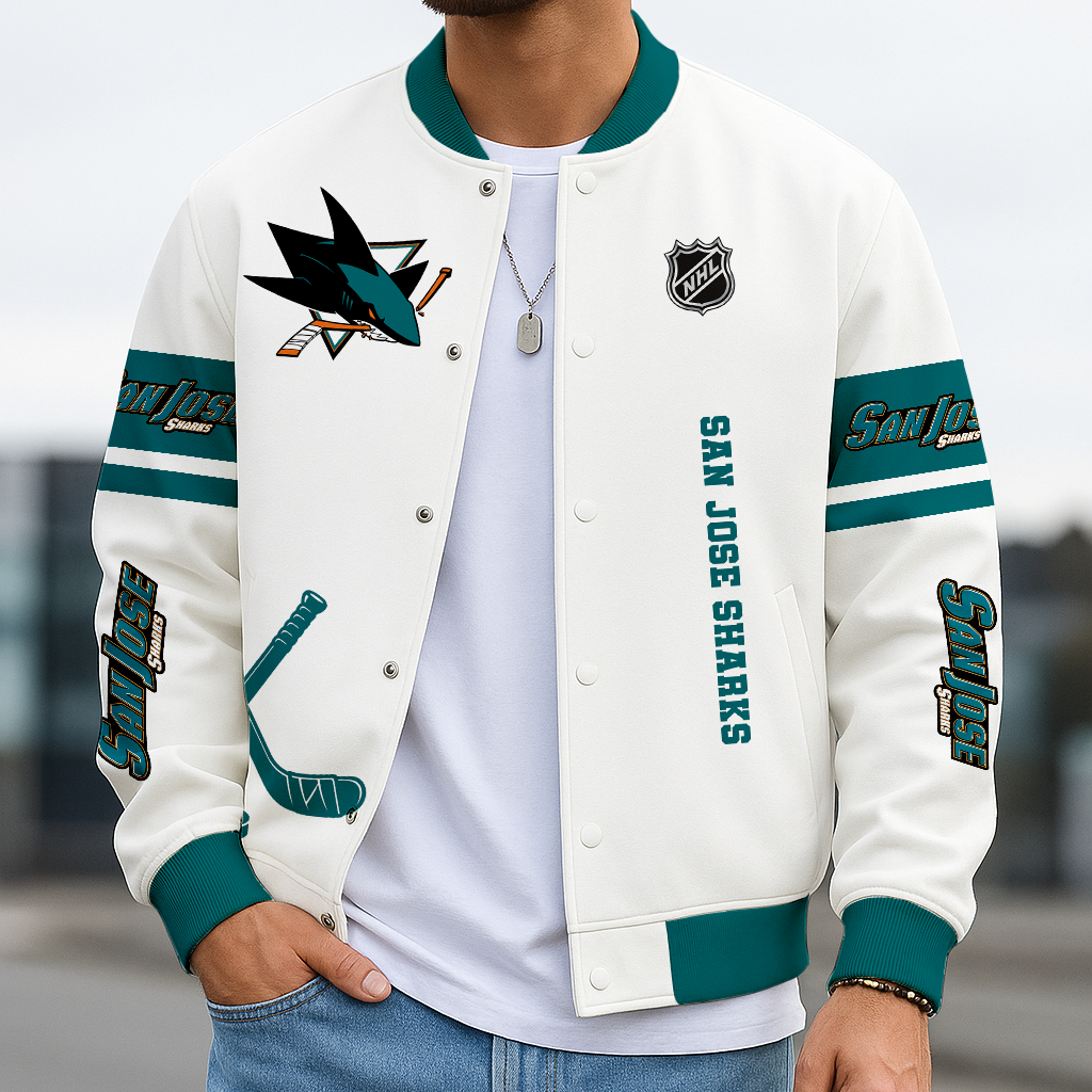 LIMITED EDITION - NEW CUSTOMIZED NHL32 SJS SJ SHARKS BASEBALL JACKET, SATIN VARSITY JACKET