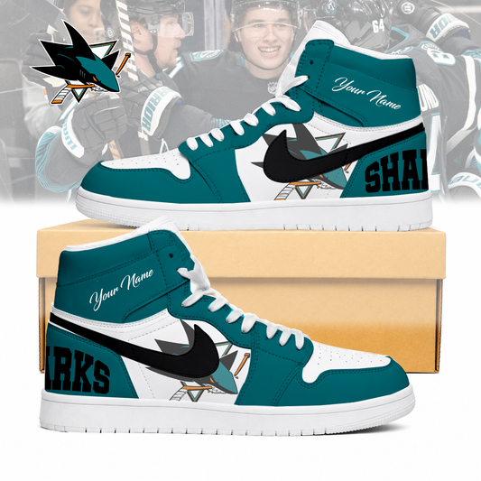 FINAL SALE - NEW CUSTOMIZED NHL32 SJS SAN JOSE SHARKS AIR JORDAN SNEAKERS
