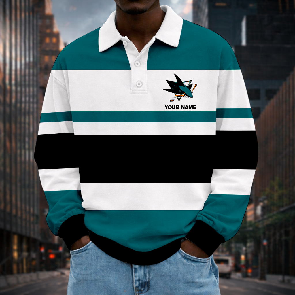 LIMITED EDITION - NEW CUSTOMIZED NHL32 SJS SJ SHARKS MEN LONG SLEEVE POLO