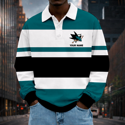 LIMITED EDITION - NEW CUSTOMIZED NHL32 SJS SJ SHARKS MEN LONG SLEEVE POLO