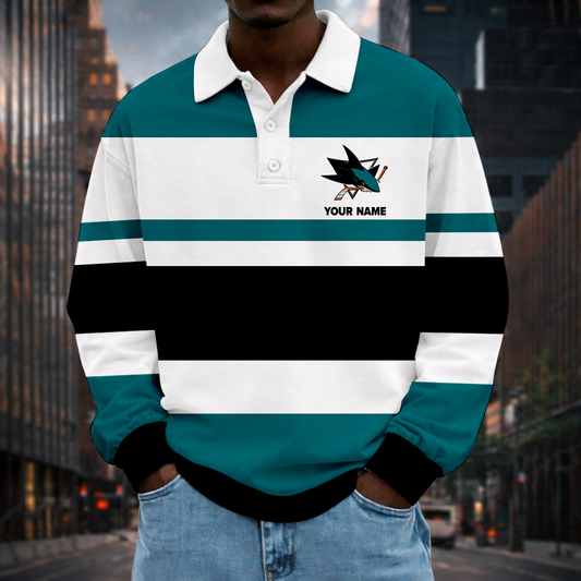 LIMITED EDITION - NEW CUSTOMIZED NHL32 SJS SJ SHARKS MEN LONG SLEEVE POLO