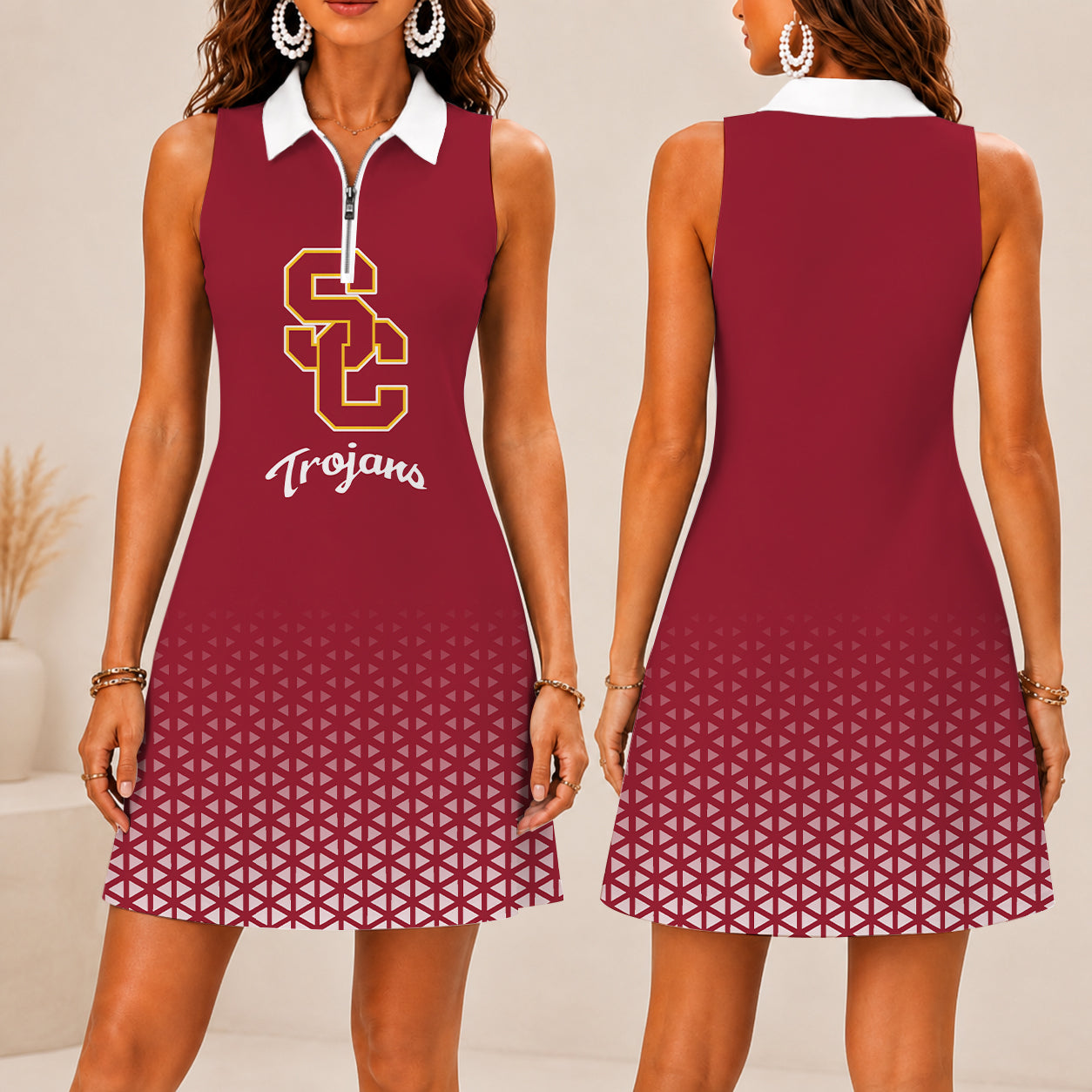LIMITED EDITION - NEW CUSTOMIZED NCAA FBS32 USC USC TROJANS WOMEN'S ZIP SLEEVELESS POLO DRESS