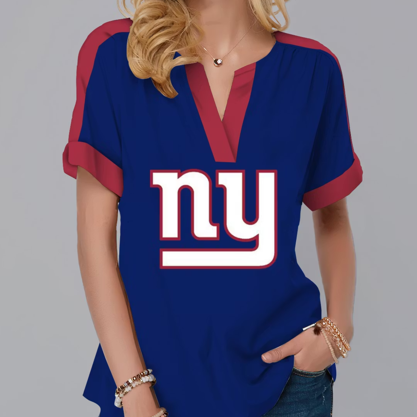 FINAL SALE - NEW CUSTOMIZED NFL32 NYG NEW YORK GIANTS V-NECK FEMALE SHIRT