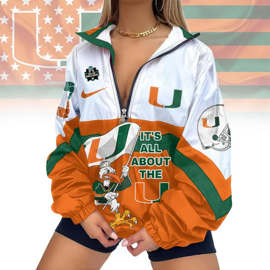 LIMITED EDITION - NEW CUSTOMIZED COLLEGE WORLD SERIES NCAA04 MIAMI HURRICANES V-NECK ZIPPER SWEATSHIRT JACKET
