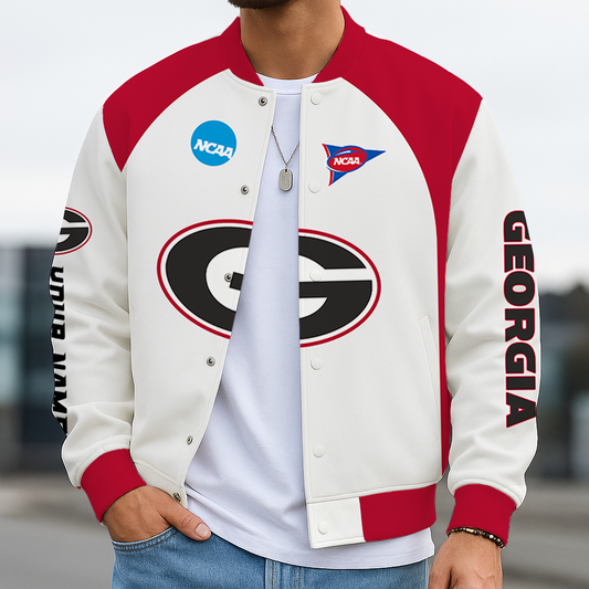 LIMITED DROP - NEW CUSTOMIZED NCAA FOOTBALL BOWL SUBDIVISION 06 GEB GEORGIA BULLDOGS BASEBALL JACKET, SATIN VARSITY JACKET
