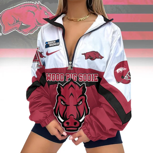 LIMITED EDITION - NEW CUSTOMIZED MAM NCAA06 AKR AK RAZORBACKS V-NECK ZIPPER JACKET