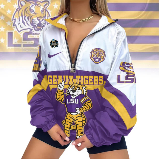 LIMITED EDITION - NEW CUSTOMIZED COLLEGE WORLD SERIES NCAA07 LSU TIGERS V-NECK ZIPPER SWEATSHIRT JACKET