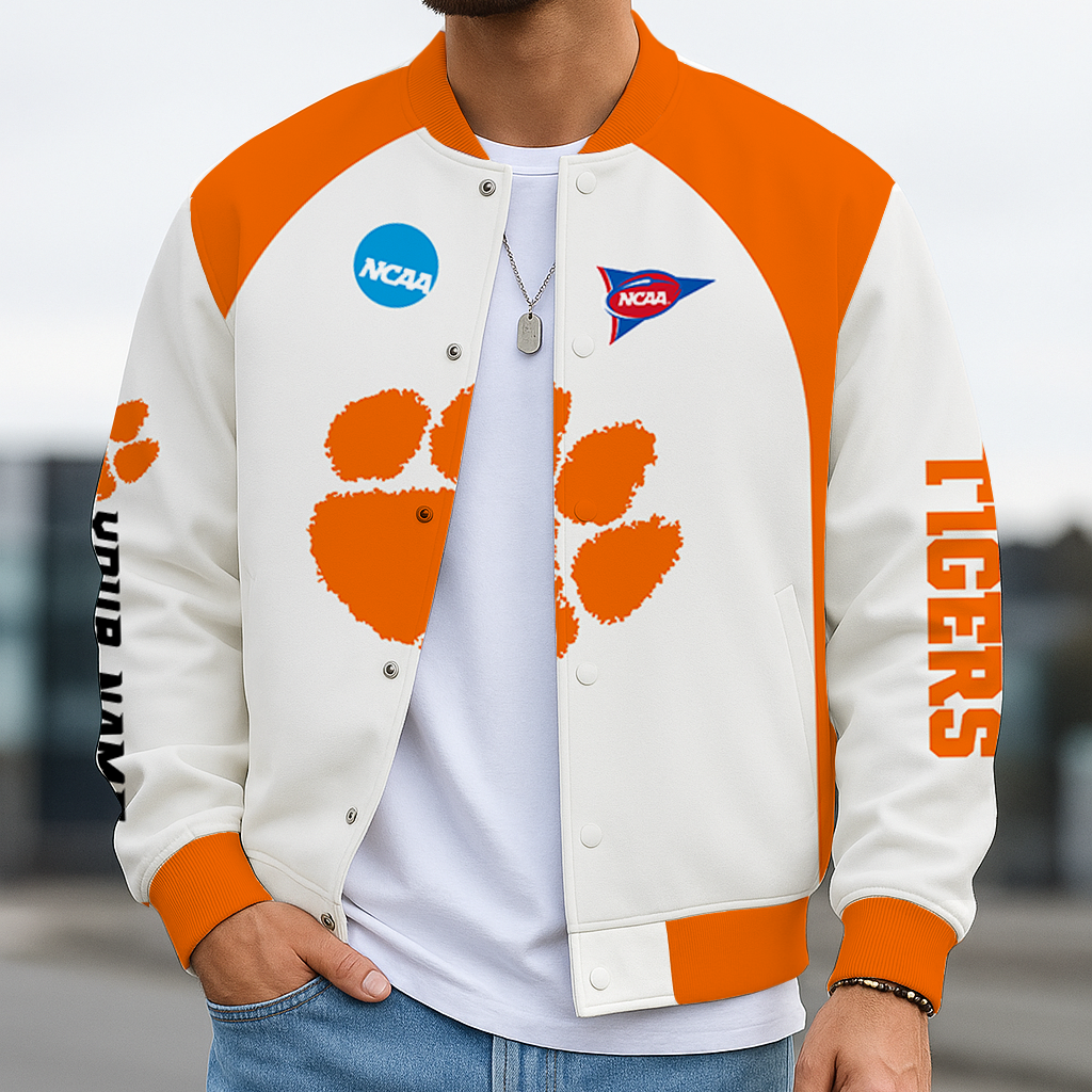 LIMITED DROP - NEW CUSTOMIZED NCAA FOOTBALL BOWL SUBDIVISION 07 CST CLEMSON TIGERS BASEBALL JACKET, SATIN VARSITY JACKET