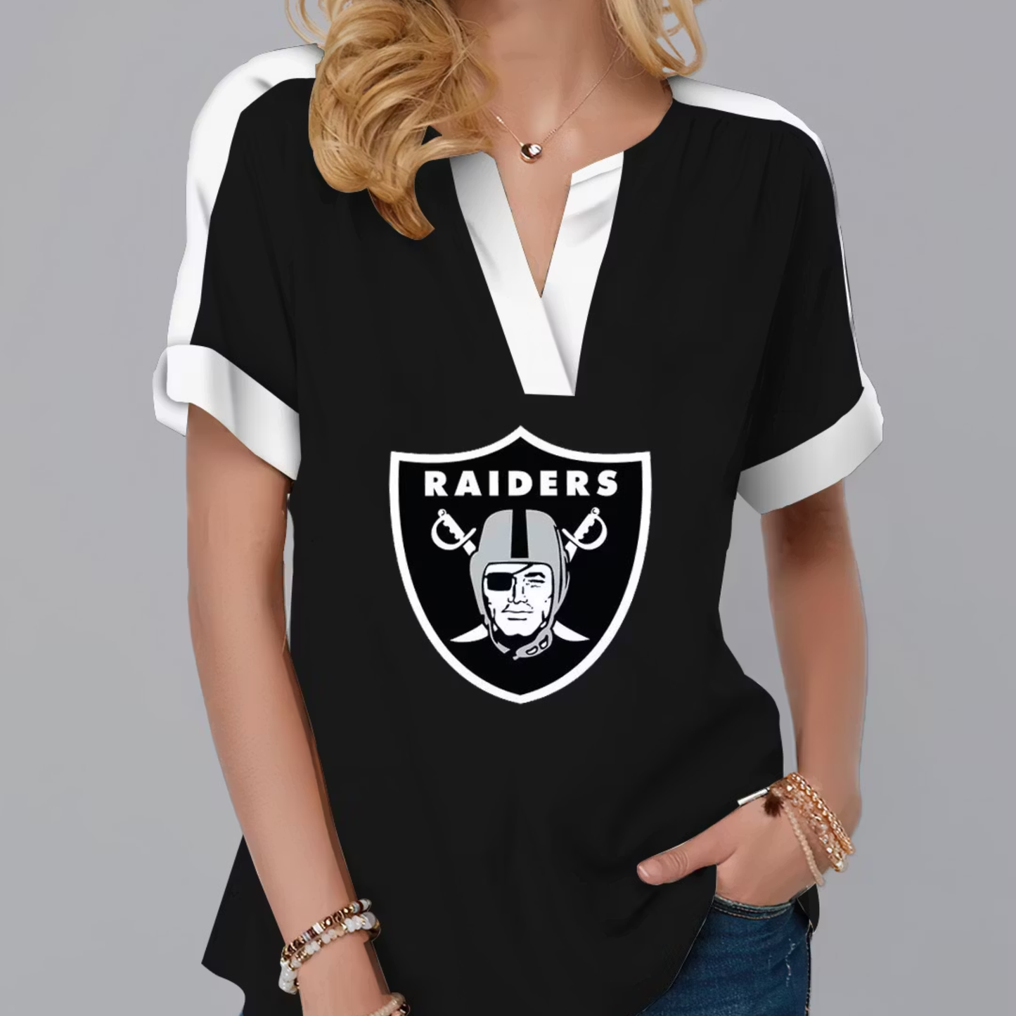 FINAL SALE - NEW CUSTOMIZED NFL07 LVR LAS VEGAS RAIDERS V-NECK FEMALE SHIRT