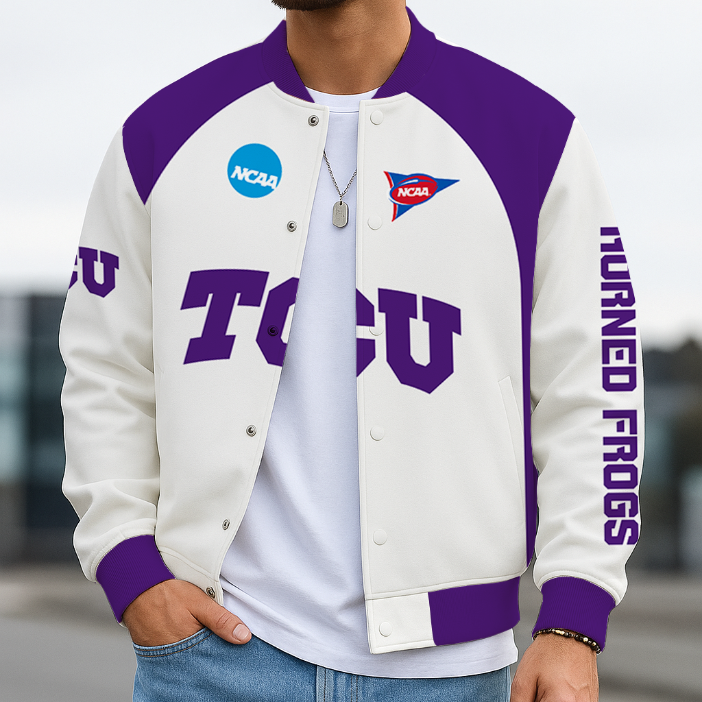 LIMITED DROP - NEW CUSTOMIZED NCAA FOOTBALL BOWL SUBDIVISION 09 THF TCU HORNED FROGS BASEBALL JACKET, SATIN VARSITY JACKET