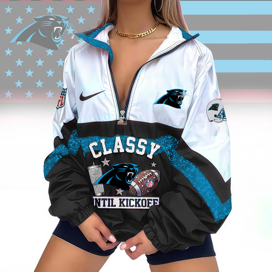 FINAL SALE - NEW CUSTOMIZED NFL23 CLP CAROLINA PANTHERS V-NECK ZIPPER SWEATSHIRT JACKET